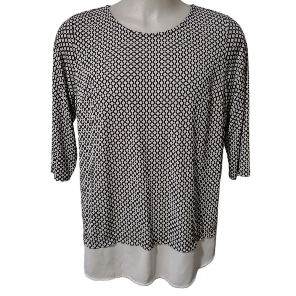 Adrianna Papell Blouse Women's Size 1X  Plus  Top White Black‎ Check 3/4 Sleeves